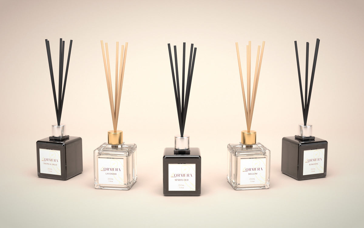 The five ORMERA reed diffusers side by side