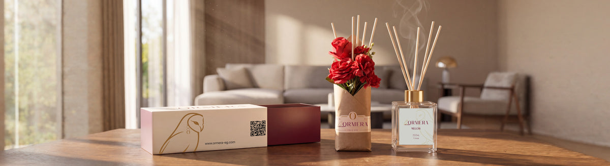 ORMERA reed diffuser gift set on a living-room table